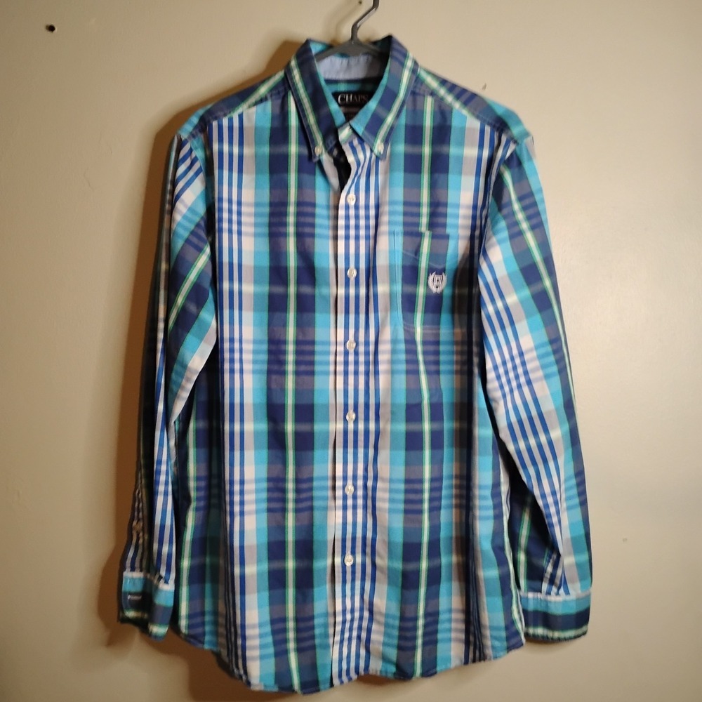 Chaps Button Up Shirt Men Medium Blue Plaid Vintage 90s Stretch Pit-Pit 22in